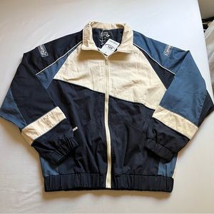 NWT AELFRIC EDEN blue navy cream colorblock zip up long sleeve racer jacket